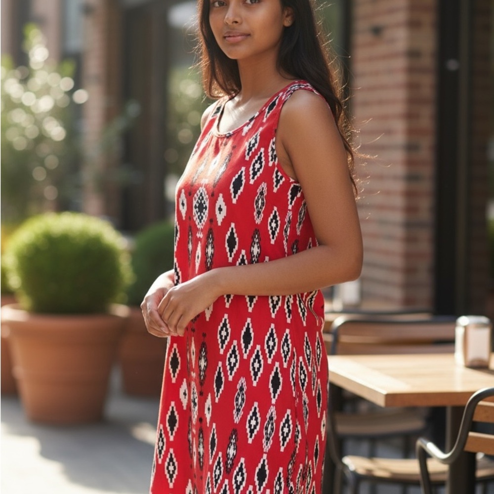 fab'rik Vibrant Red and Black Patterned Dress, with Bow Back